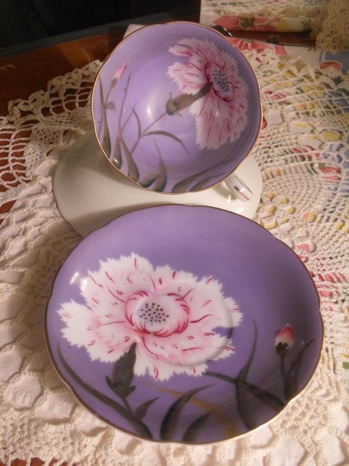 BEAUTIFUL Vtg SAJI Cup and Saucer Hand Painted PINK CARNATION FLOWER Gold Edge