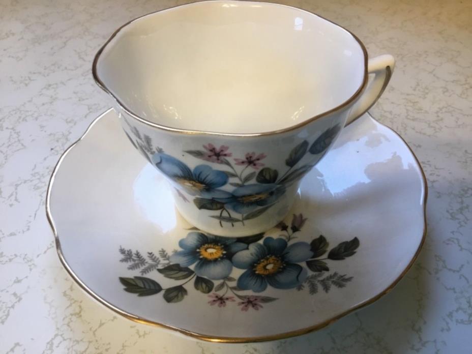 ROYAL DOVER BONE CHINA CUP AND SAUCER, BLUE FLOWERS, MADE IN ENGLAND
