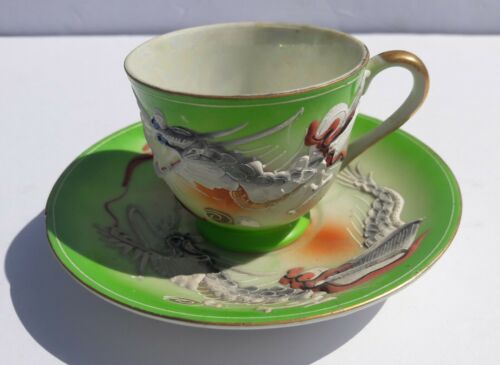 Chinese Dragon Antique Raised 3D Details Rare Vintage Asian Tea Cup & Saucer Set