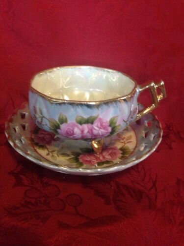 Vintage Luster Cup & Saucer Three Feet Reticulated