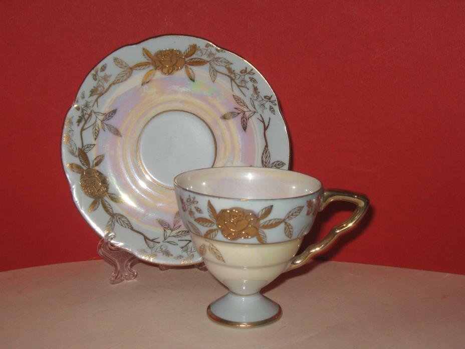 Vintage Lefton Blue Luster & Gold Rose Footed Demitasse Cup & Saucer #1798