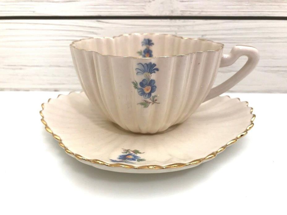 Shell China Blue Floral Scallop Gold Color Edge Teacup & Saucer