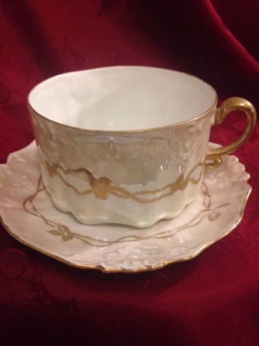 Unusual Vintage Cup & Saucer Embossed Cream Gold Luster