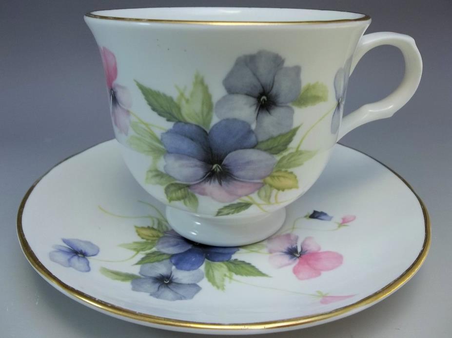 Crown Trent English Tea Cup Saucer Set Flowers Bone China Pink Blue Pansies