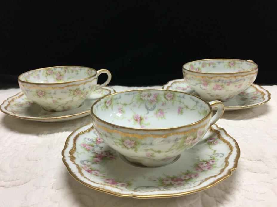 Theodore Haviland Limoges Schleiger 340 Double Gold Cup & Saucer 3 sets