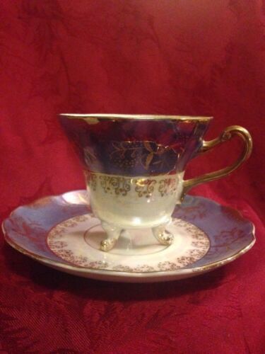 Vintage Enesco Luster Porcelain Cup Saucer Blue Gold