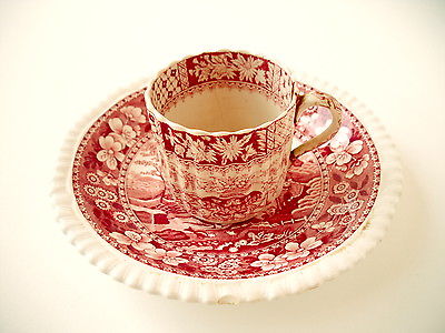SPODE'S TOWER Copeland England Red China Saucer & Antique Tea Cup * VINTAGE *