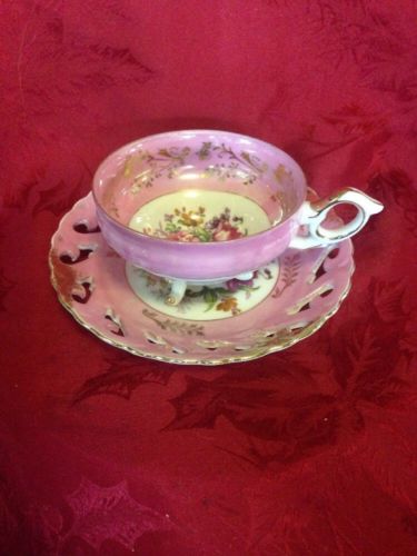 Vintage Luster Porcelain Cup & Saucer Footed Base Reticulated Pink Floral