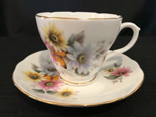 Duchess Bone China Teacup and Saucer, England, Butterfly and Daisies
