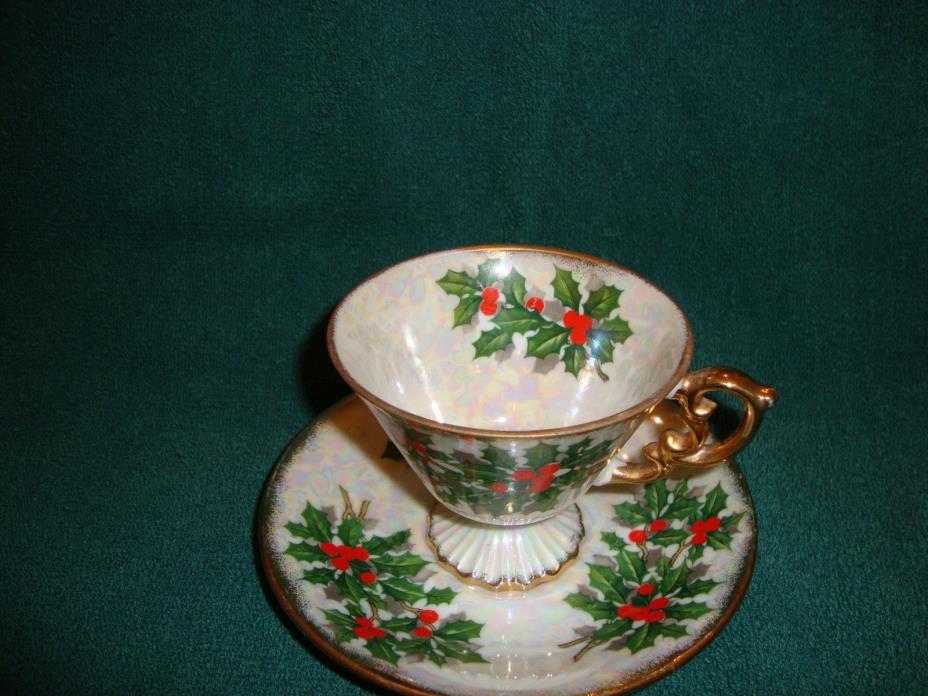 Vintage December Holly Lustre Teacup and Saucer