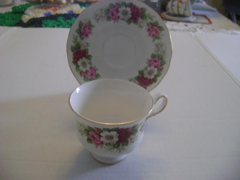 QUEEN ANNE BONE CHINA CUP AND SAUCER ROSES AND WHITE FLOWER