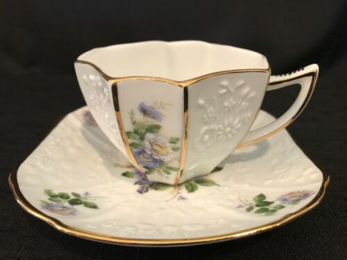 Teacup and Saucer, Blue and White, Unique Shape Octagonal Cup, Embossed Design