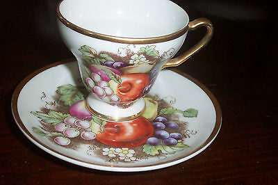2 Piece Vintage Cup Saucer Fruits Grapes Apple Pear Hand Painted