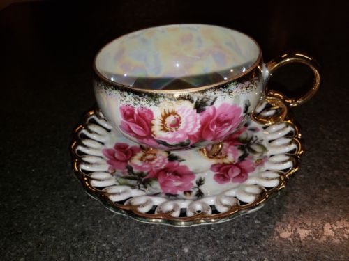 ROYAL SEALY CHINA Reticulated Rose Floral Gold Ring Tea Cup & Saucer Set (Japan)