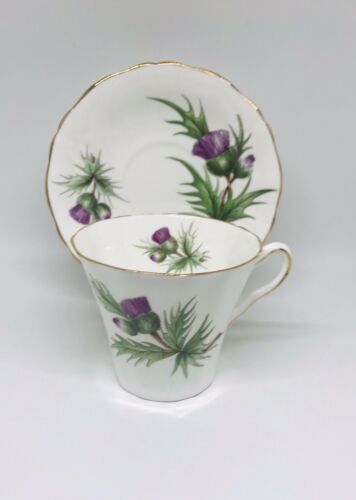 Vtg Adderley Fine Bone China Thistle Teacup & Saucer England Purple Flower