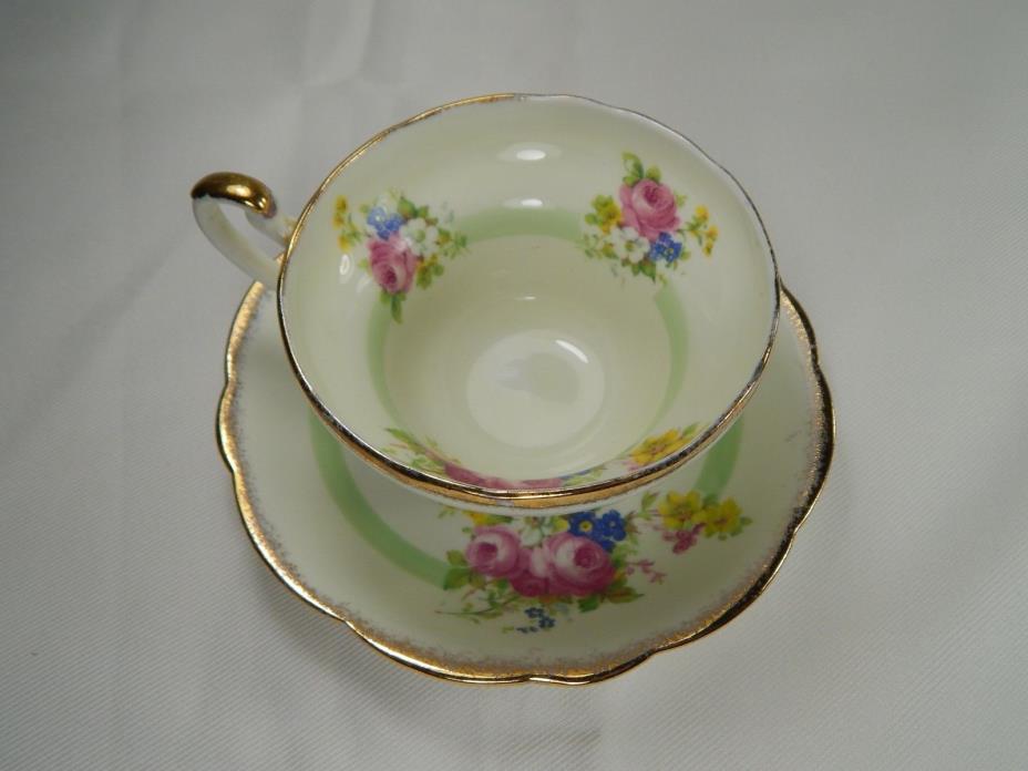 Vintage Foley Tea Cup and Saucer. Green Stripe Rose Bouquet Pattern.