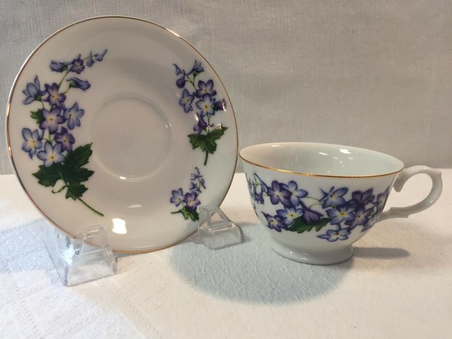 Vintage Cup and Saucer, Avon Blossoms of the Month Series July Larkspur.