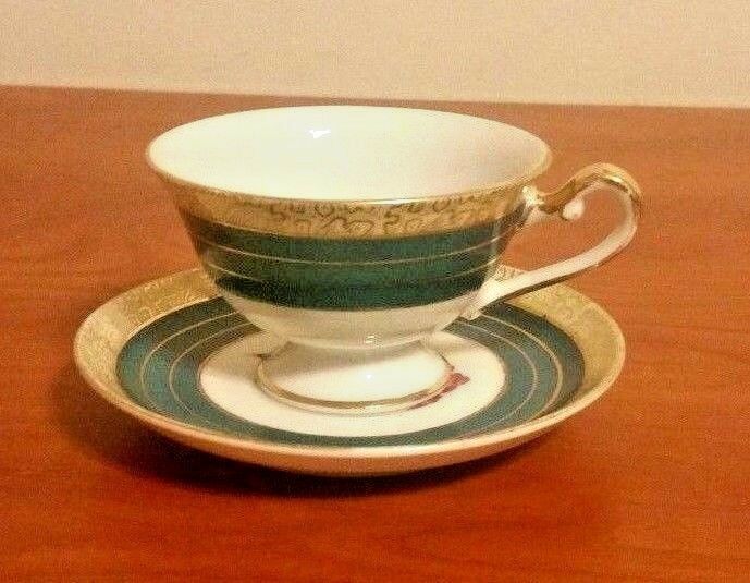 Shafford Hand Painted Japan Miniature Cup and Saucer Green & Gold W/Red Iris