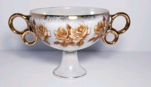 Vintage Dbl Handle Pedestal Lusterware Gold Cup With Roses