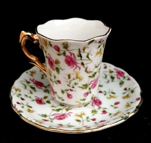 Vintage Demitasse Tea Cup & Saucer, Pink Flowers, Ruffled Rim, Gilded Gold Trim