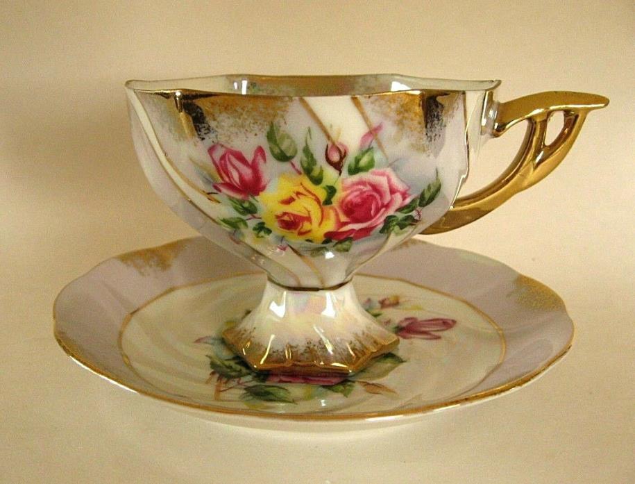 VINTAGE JAPAN CHINA IRIDESCENT FOOTED TEA CUP & SAUCER TEACUP ROSES PEARLIZED