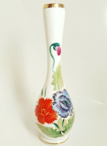 NORLEANS Gold Trim White Vase Made in Japan, Red & Blue Flowers w/ Green Leaves