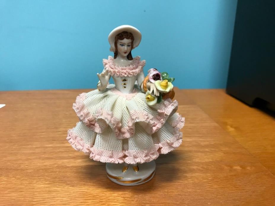 Dresden Germany Lace Figurine Gathering Flowers double skirt ( see pic’s ) 5”