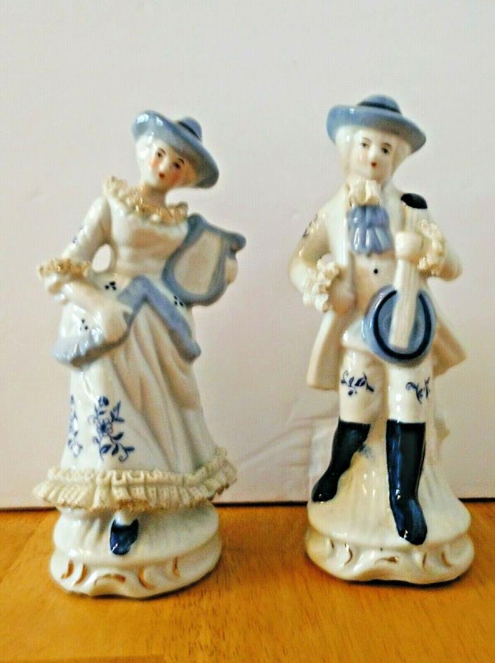 Vintage Blue and White Colonial Porcelain Man & Woman W/Instruments