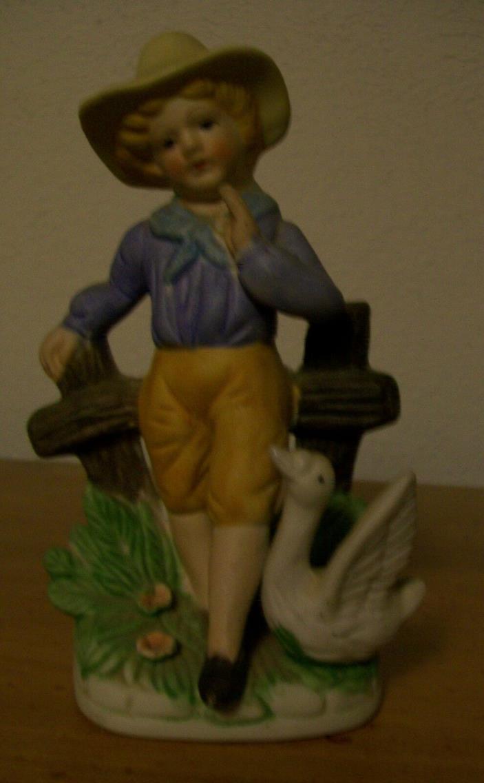 Collectible Vintage Porcelain figurine Little Boy with Swan