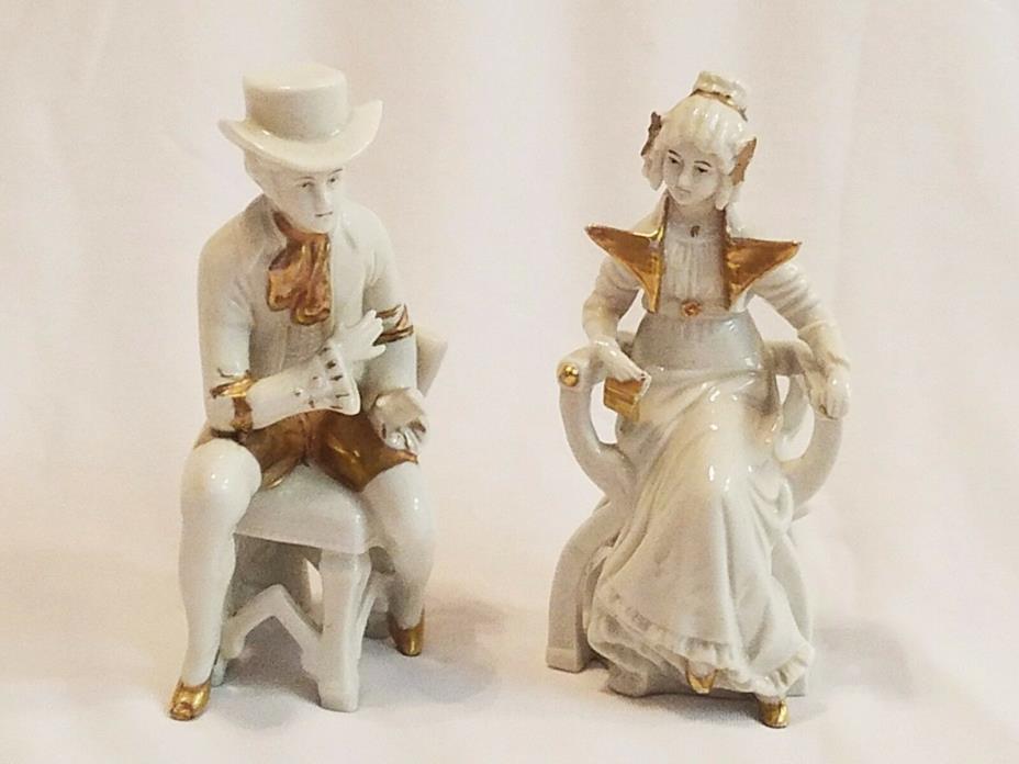 Two Vintage German Figurines Trimmed with Gold - Seated Lady and Man