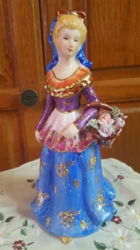 KPM Porcelain Figurine Elegant Woman Blue Dress & Basket of Flowers 8 3/4