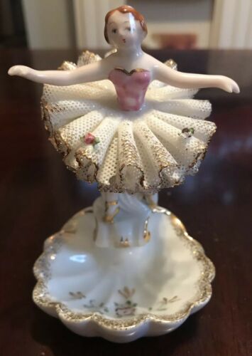 Vintage Ballerina Figurine Ring Trinket Holder Cup Lace Tutu Gold Trim Unmarked