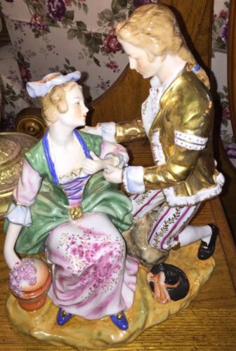 ANTIQUE GERMAN-GERMANY RARE DRESDEN PORCELAIN FIGURINE-LARGE SEATED LADY AND MAN