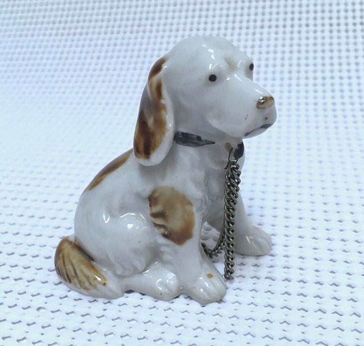 ANTIQUE SMALL PUPPY DOG PORCELAIN FIGURINE w SILVER CHAIN VTG CERAMICS