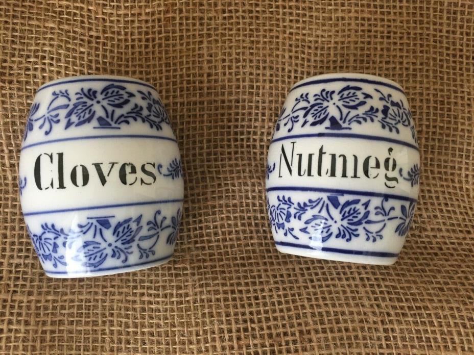 Antique Set Of Two Blue And White Spice Jars Cloves & Nutmeg from Germany (S2)