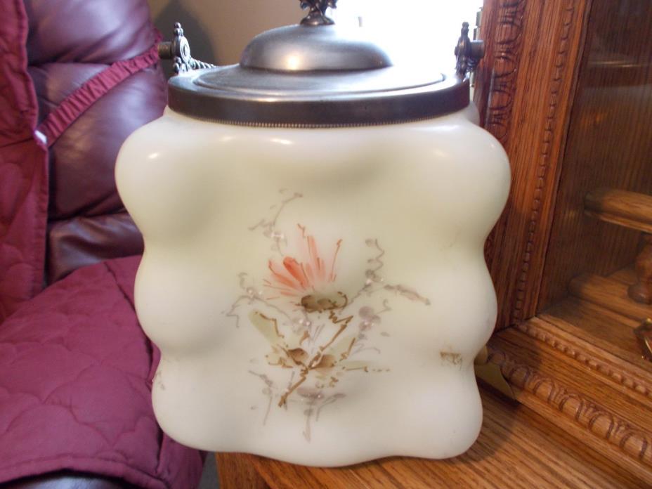 Wavecrest Hand Painted Antique Bisquit Jar With Metal Lid/Trim/Handle