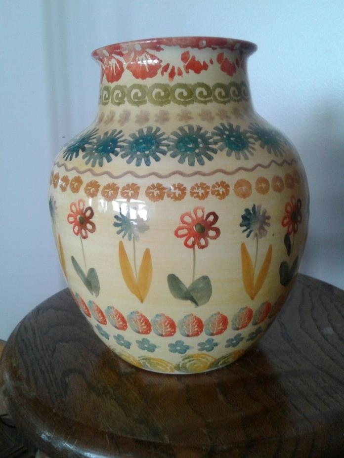 Yellow vase with retro floral design, Hand Painted MADE IN ITALY
