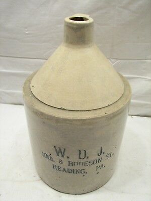 Antique W.D.J. Reading PA 1 Gal Stoneware Jug Whiskey Crock 10th Robeson St