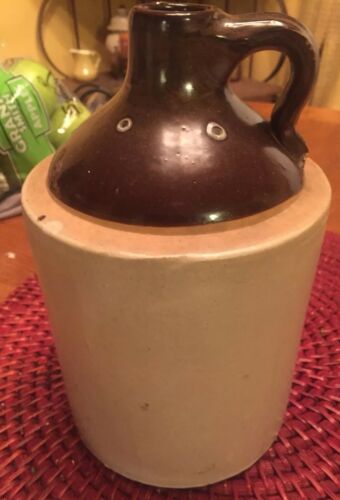 Vintage Small Brown & Beige Glazed Pottery Stoneware Moonshine Jug ?Made in USA?