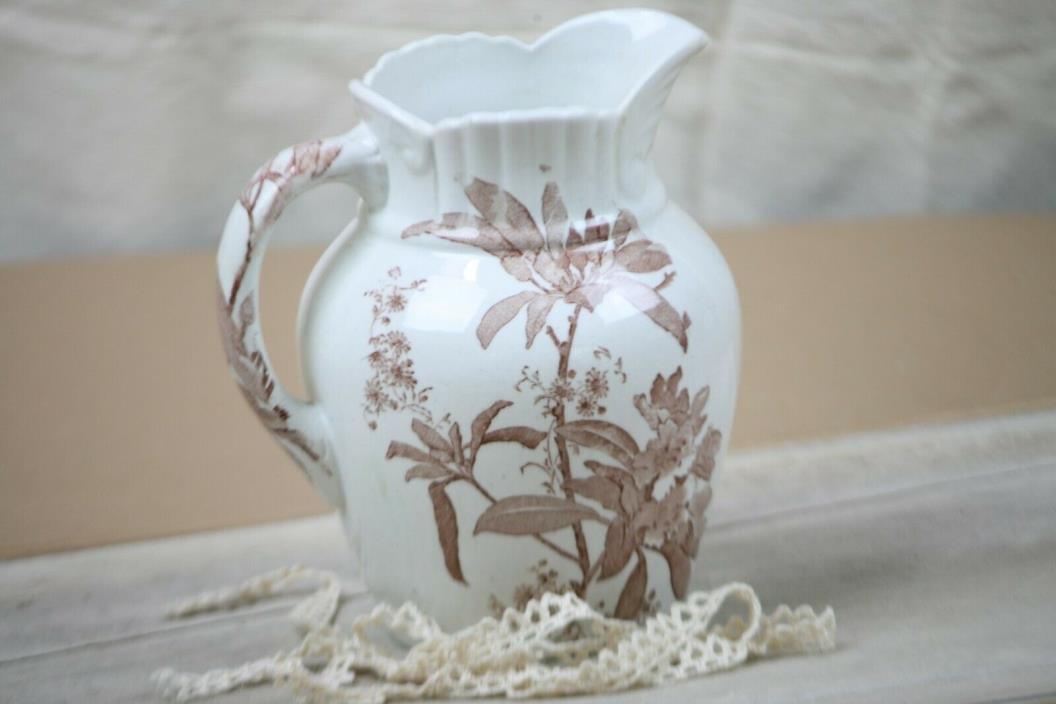 Antique Transferware Pitcher Jug Brown White Large Florals Leaves English