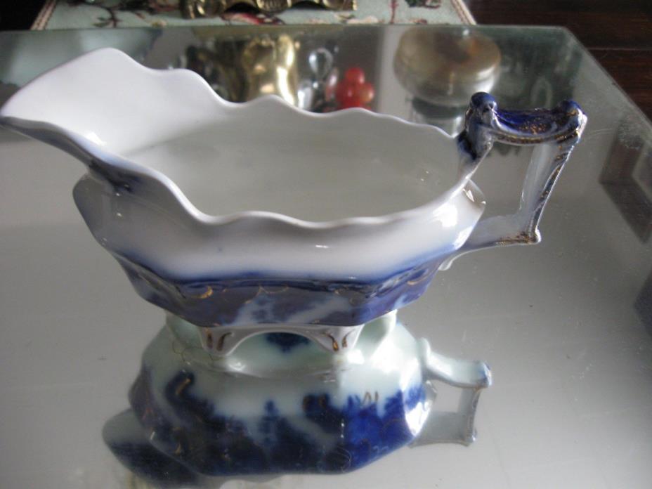 ANTIQUE '' ARGYLE PATTERN''   FLOW BLUE GRAVY BOAT