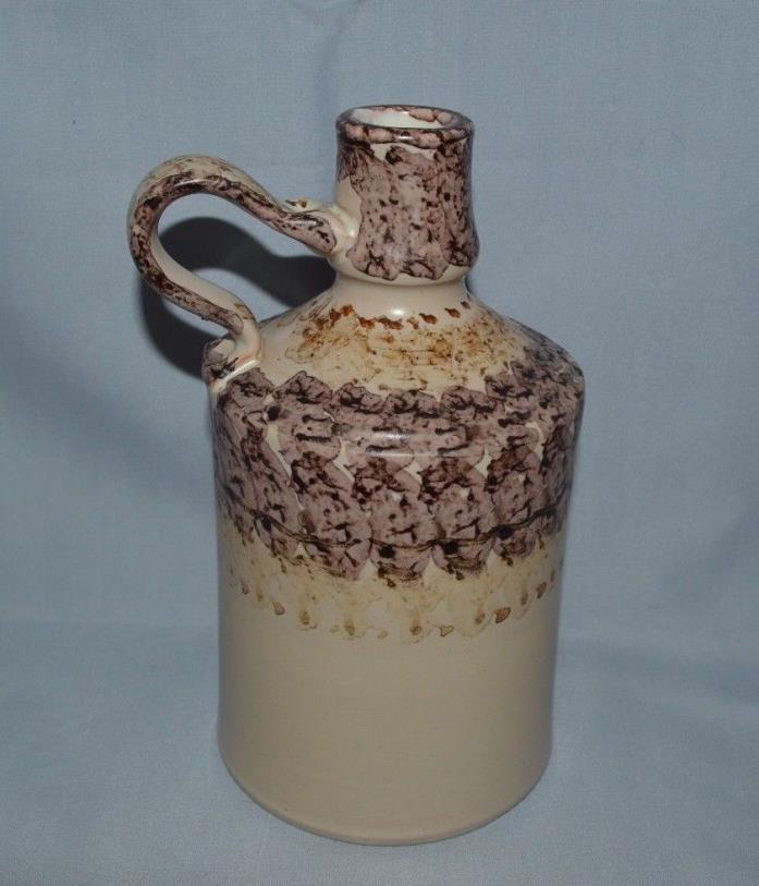 VINTAGE BEAUTIFUL POTTERY JUG WITH HANDLE -  COLORS OF BEIGE & BROWNS 7 1/2 TALL