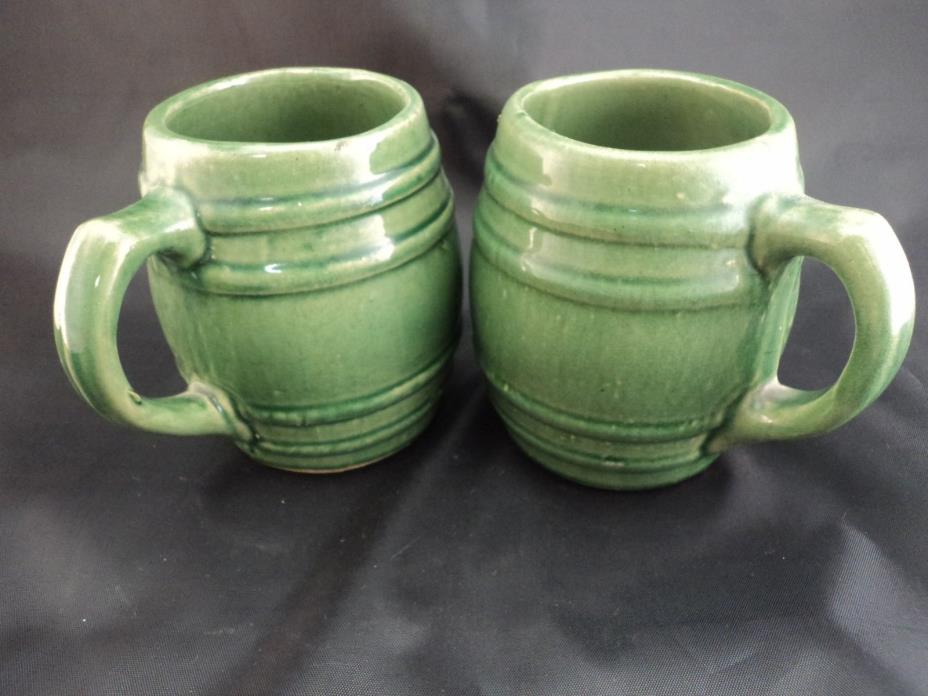 (2) Antique McCoy Hull USA Pottery Stoneware Coffee Tea Beer Keg Mug Green