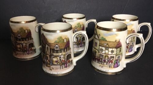 Tankards Mugs Staffordshire Vintage Old Coach House Stratford And York Set Of 5
