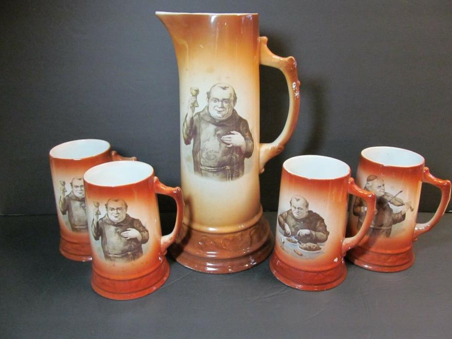 Friar Monk Porcelain Tankard Antique 5 piece BEER STEIN MUGS Oktoberfest