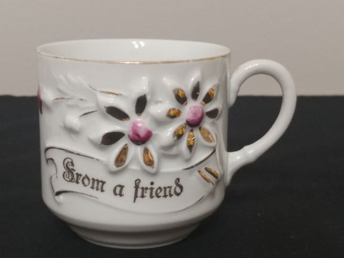 ANTIQUE VICTORIAN MUG FROM A FRIEND 3-D FLOWERS PURPLE & GOLD GUILD-GERMANY