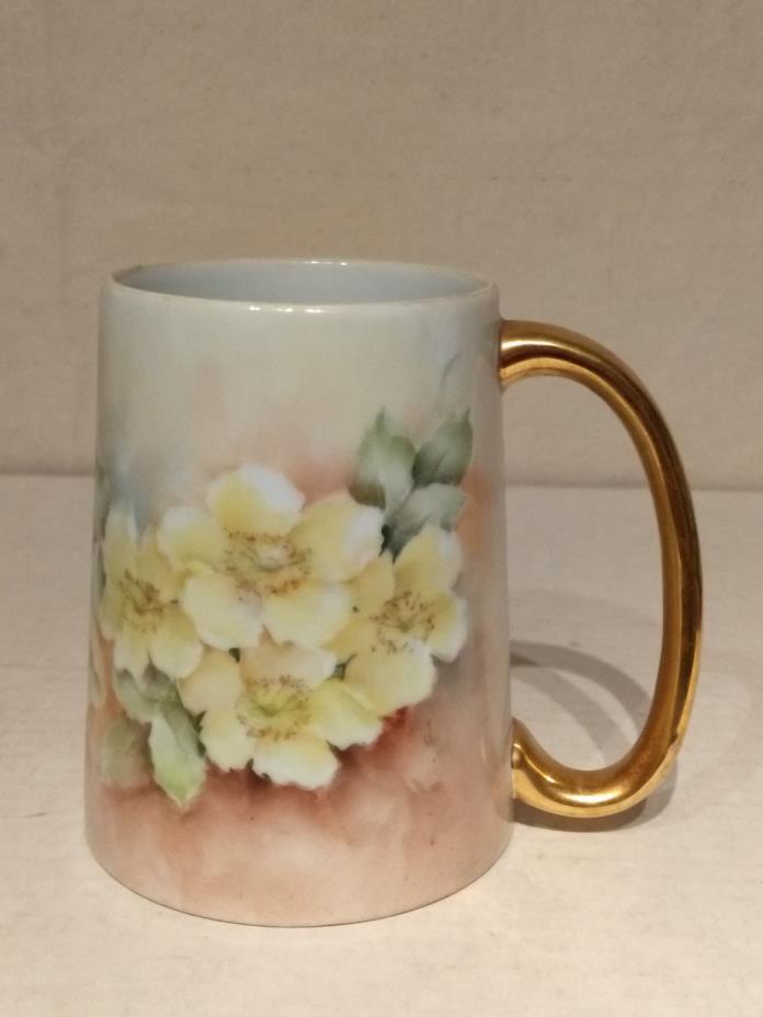 Hand Painted FLORAL Porcelain CIDER MUG Cocoa Tankard Beer Stein E SWIFT Signed