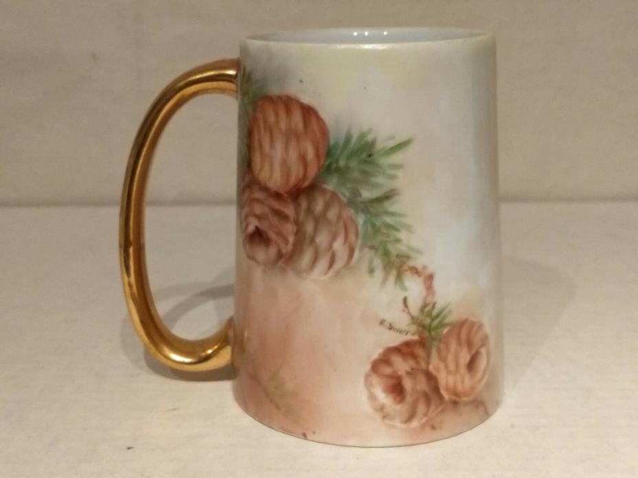 Hand Painted PINECONES Porcelain CIDER MUG Cocoa Tankard Beer Stein E SWIFT Sgnd