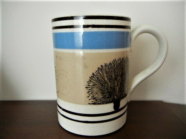 EARLY 20C ENGLISH MOCHA WARE GR 490 PINT TANKARD MUG SEAWEED BLUE TAN BANDED