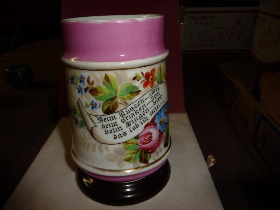 #1223 antique AS IS Stein Tankard Mug hand painted Flowers & Saying & image on b